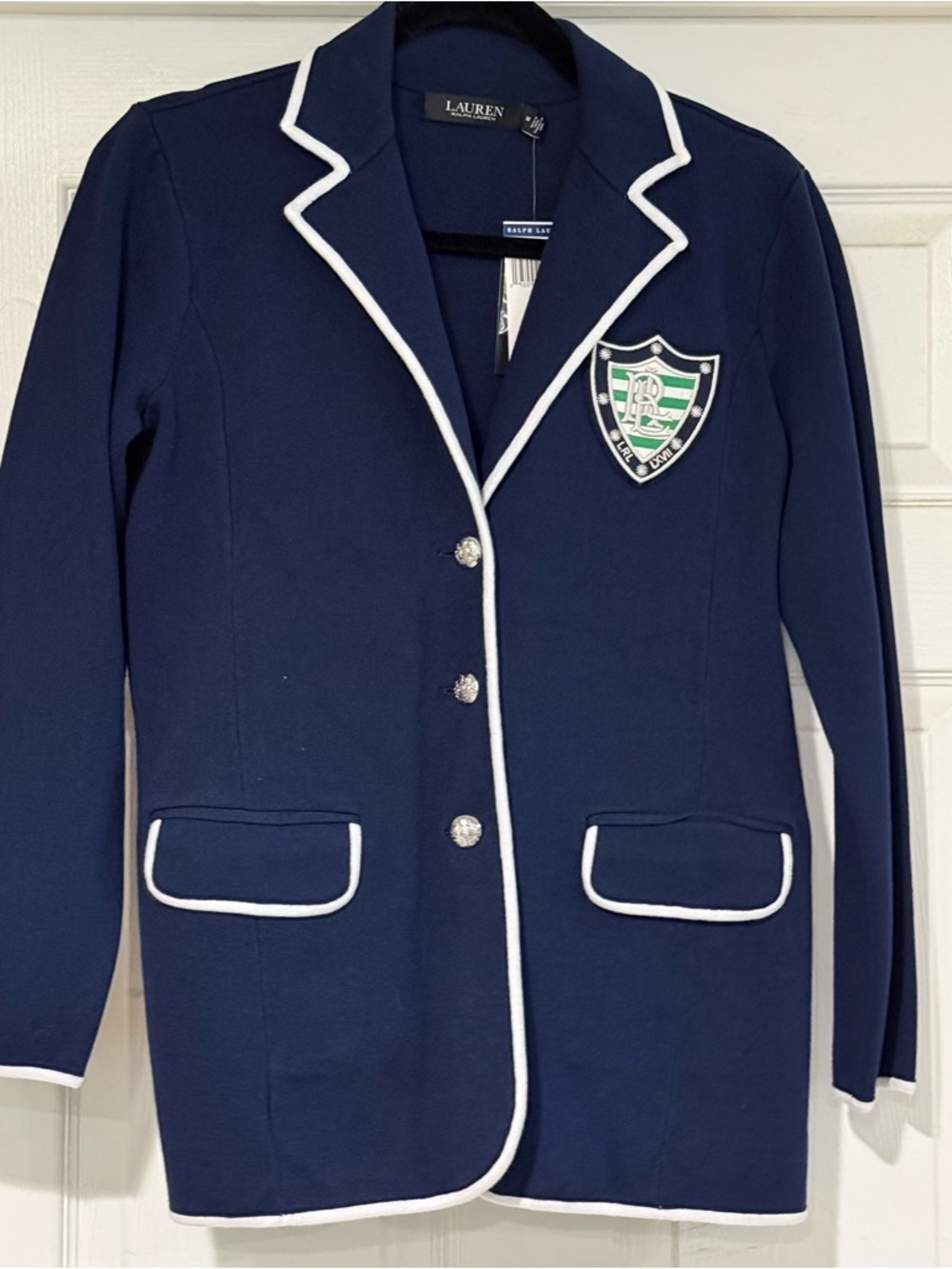 LAUREN Ralph Lauren Bullion Combed Cotton Navy Blazer with Crest White Trim